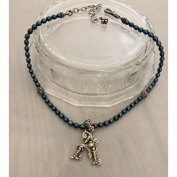 Barbara Bixby 925 SS 18K Initial”A”Pendant/Enhancer Teal Cultured Pearl Necklace - Picture 2 of 7